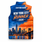 Custom Name Blue Orange Split Skyline Sleeveless Running Puffer Jacket