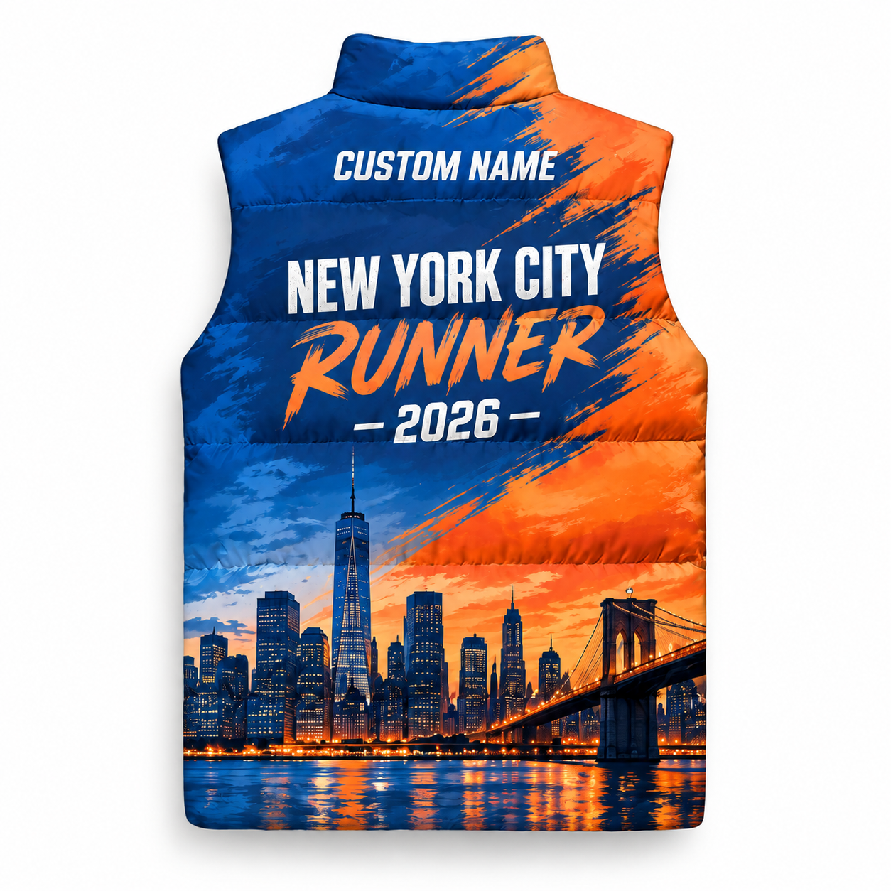 Custom Name Blue Orange Split Skyline Sleeveless Running Puffer Jacket