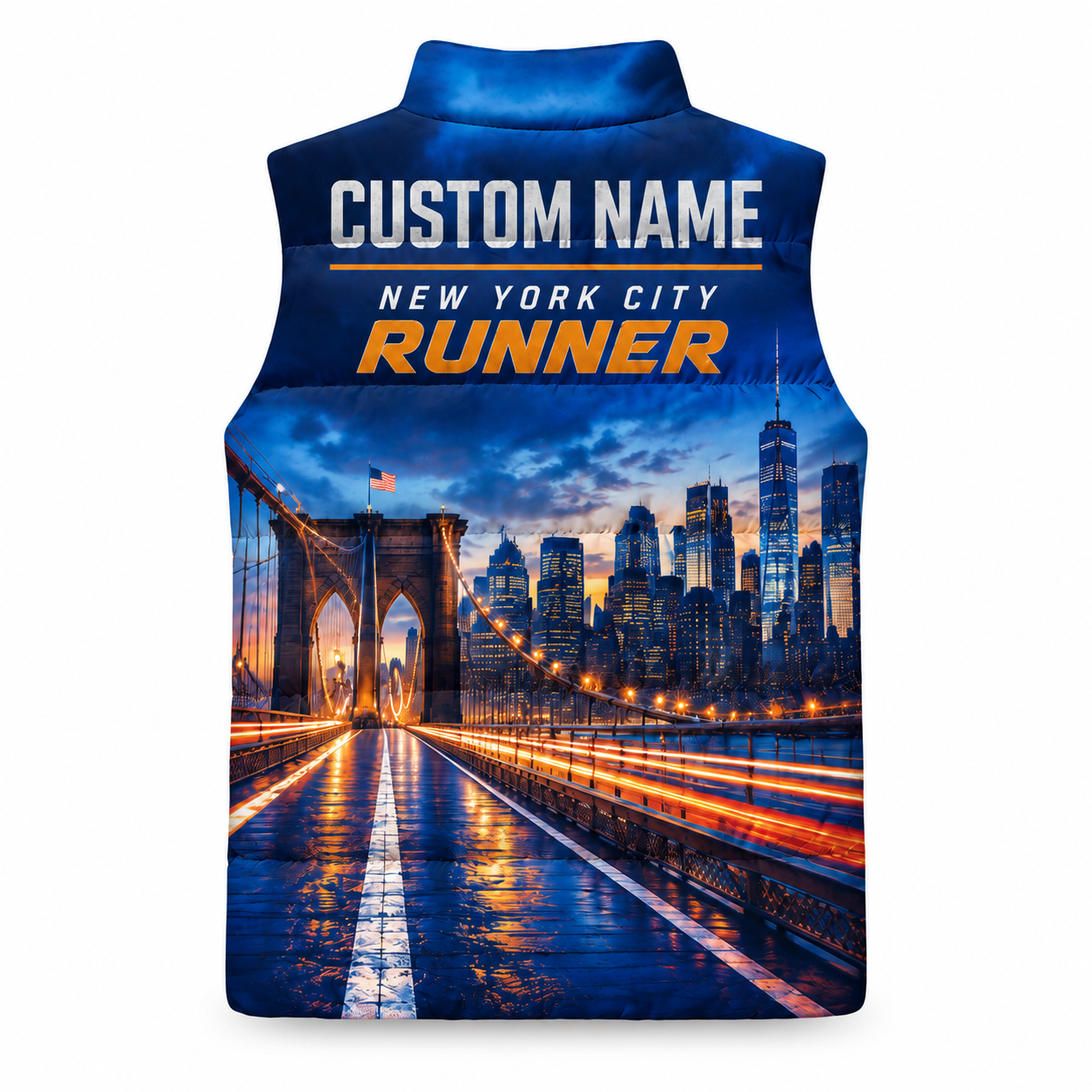 Custom Name Brooklyn Bridge Motion Sleeveless Running Puffer Jacket