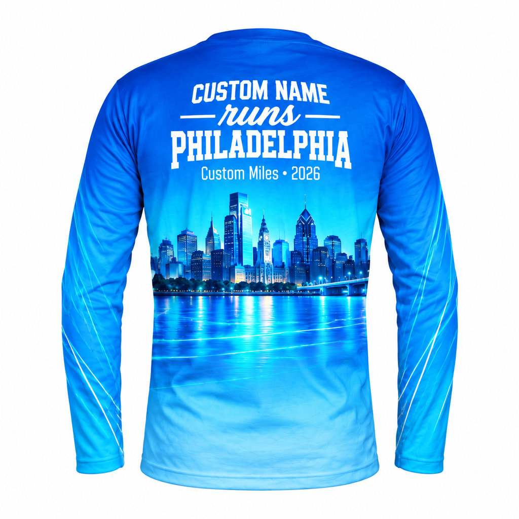 Custom Name Philadelphia Blue Skyline Energy Running Long Sleeve Shirt
