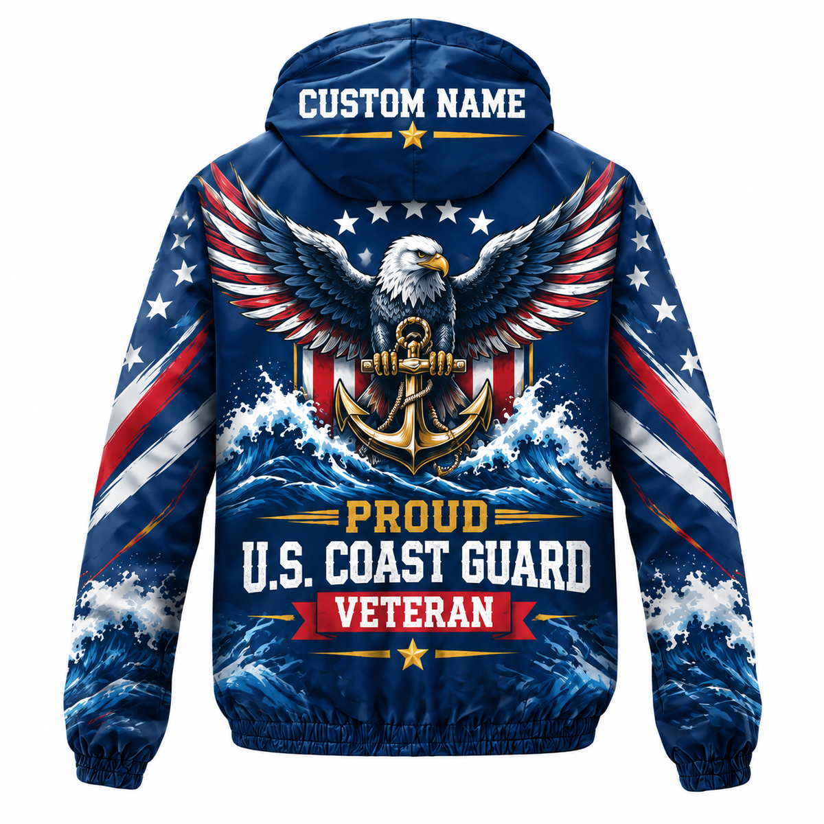 Custom Name Coast Guard Eagle Ocean Veteran Running Windbreaker Jacket