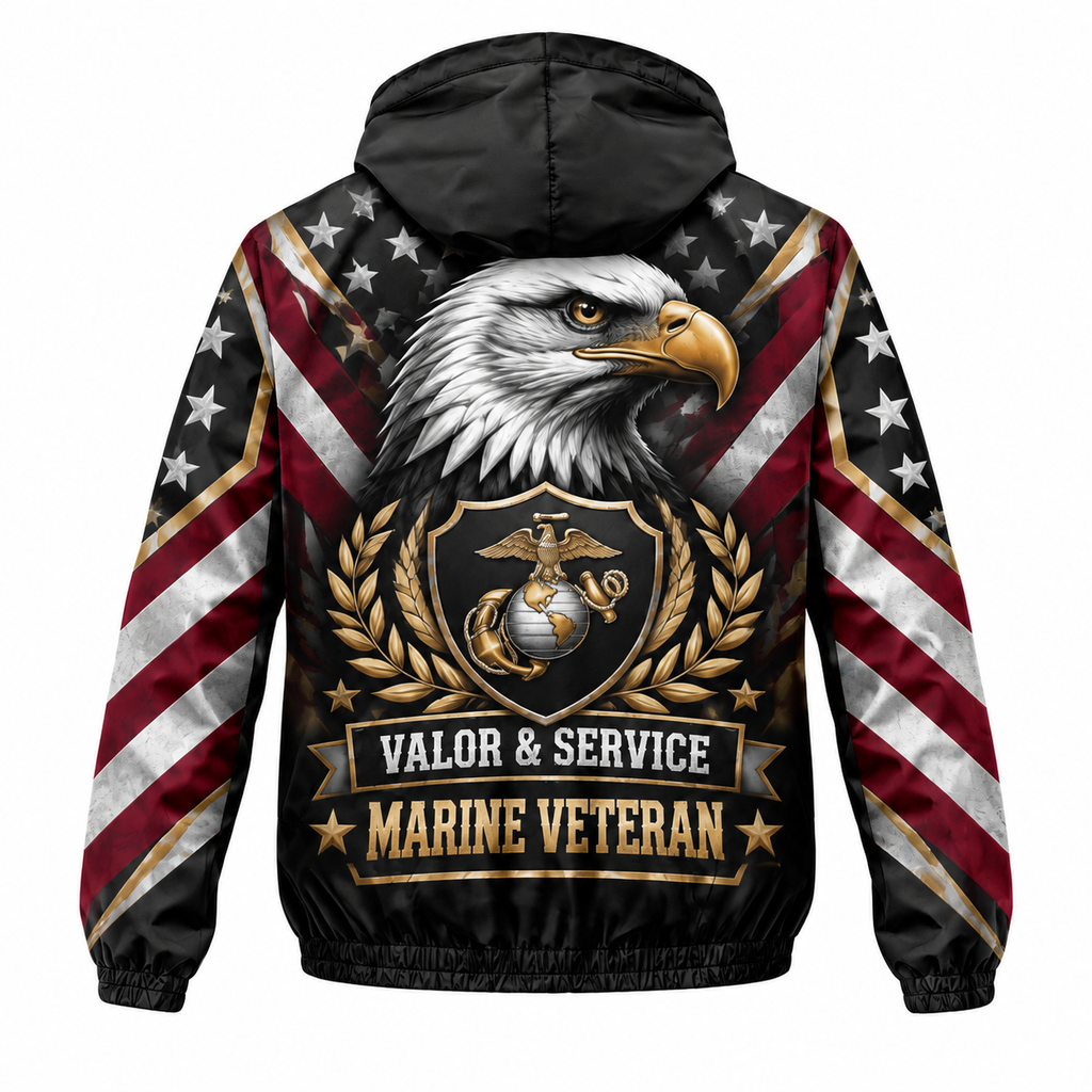 Custom Name Marine Veteran Eagle Valor Running Windbreaker Jacket