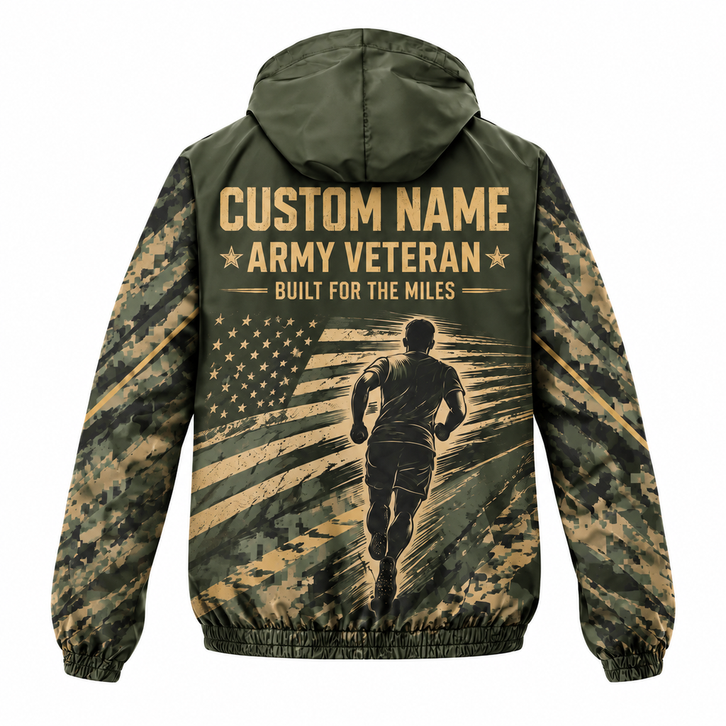 Custom Name Army Camo Miles Veteran Running Windbreaker Jacket