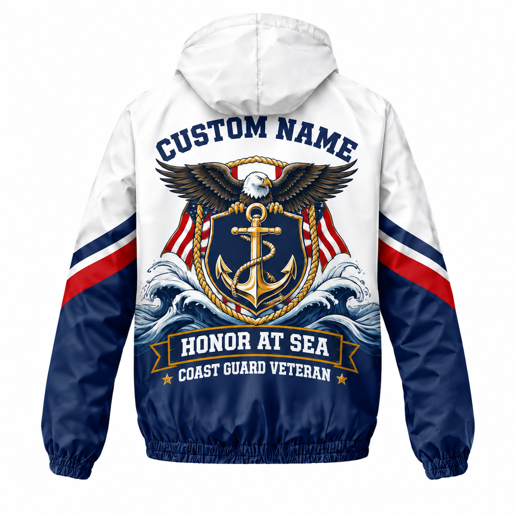Custom Name Coast Guard Anchor Shield Veteran Running Windbreaker Jacket