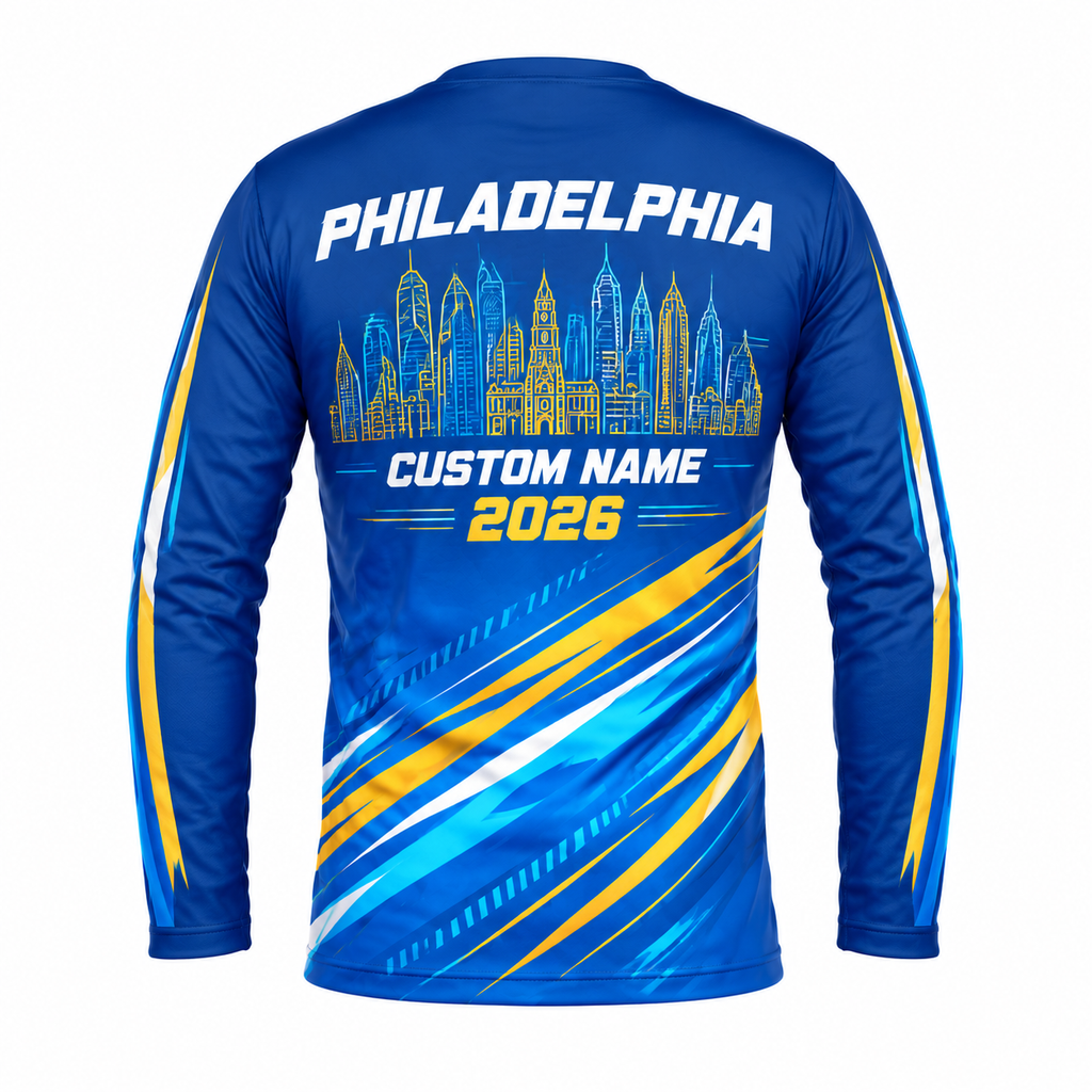Custom Name Philly Electric Blue Gold Racing Running Long Sleeve Shirt