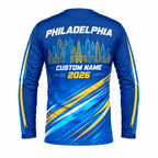 Custom Name Philly Electric Blue Gold Racing Running Long Sleeve Shirt