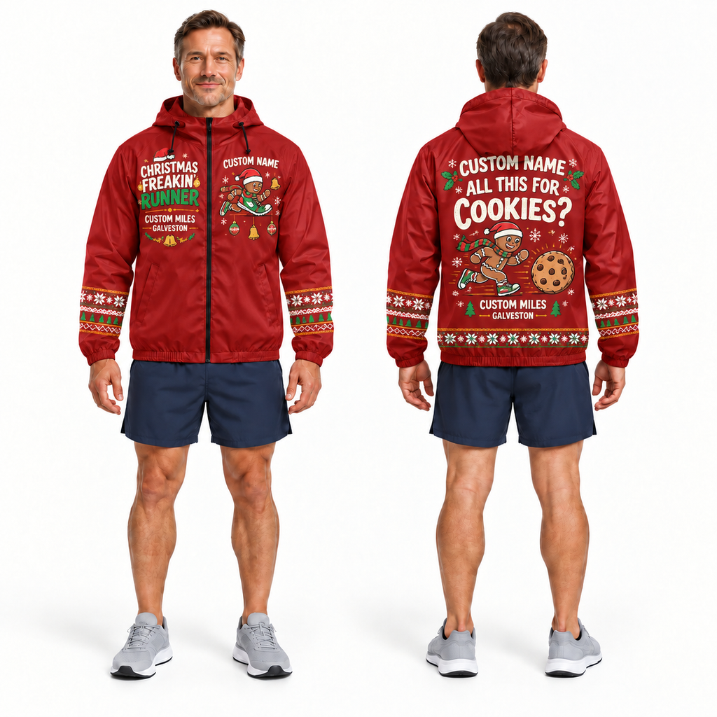 Custom Name Christmas Freakin’ Runner Santa Hustle Galveston Running Windbreaker Jacket