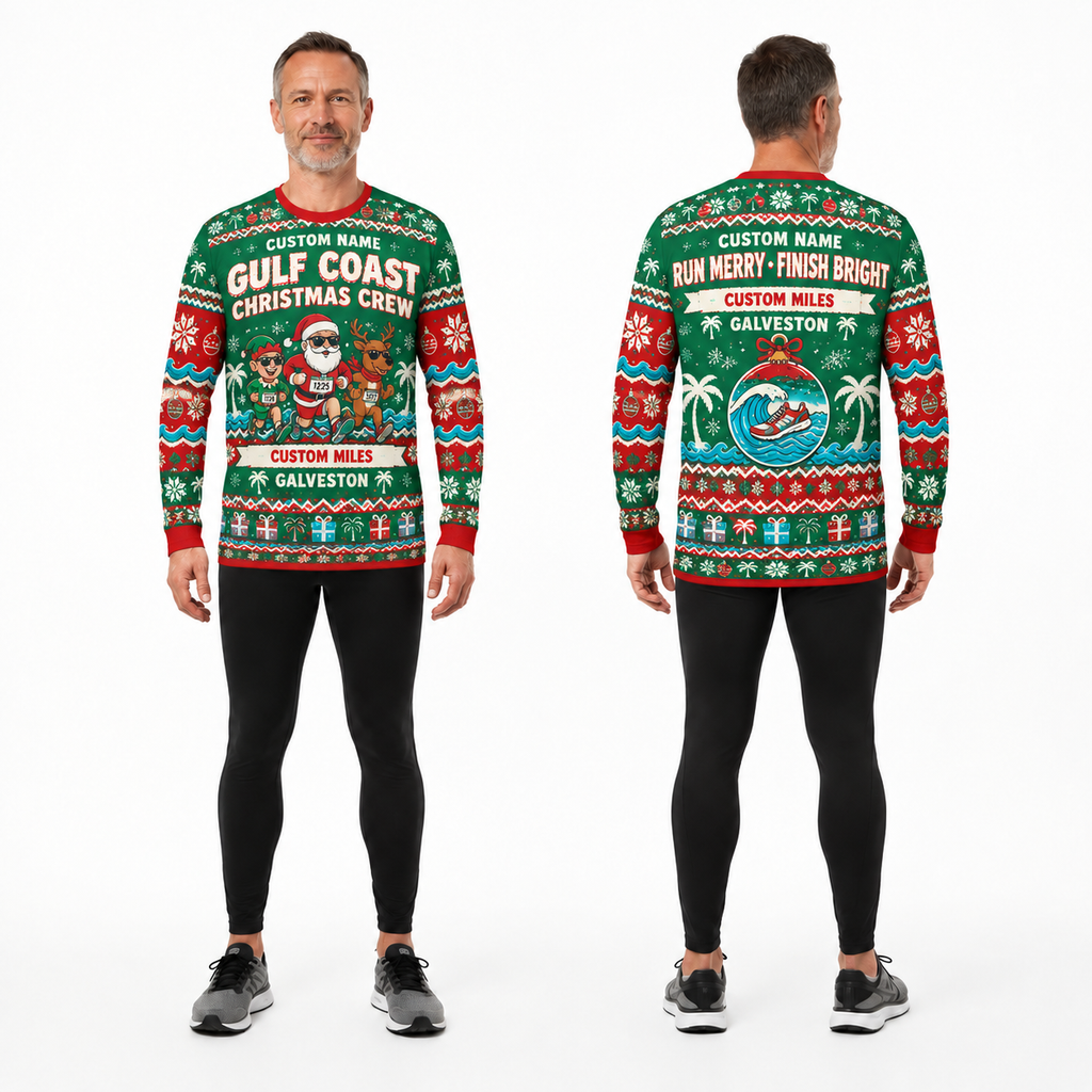 Custom Name Miles Gulf Coast Christmas Crew Santa Hustle Galveston Running Long Sleeve Shirt