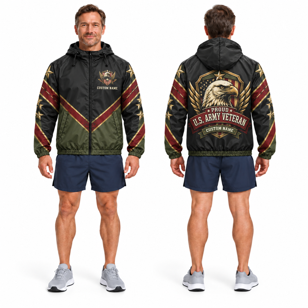 Custom Name Army Eagle Shield Veteran Running Windbreaker Jacket