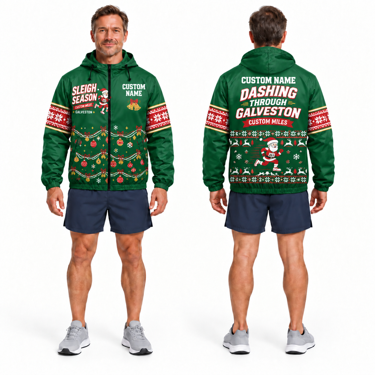 Custom Name Sleigh the Season Santa Hustle Galveston Running Windbreaker Jacket
