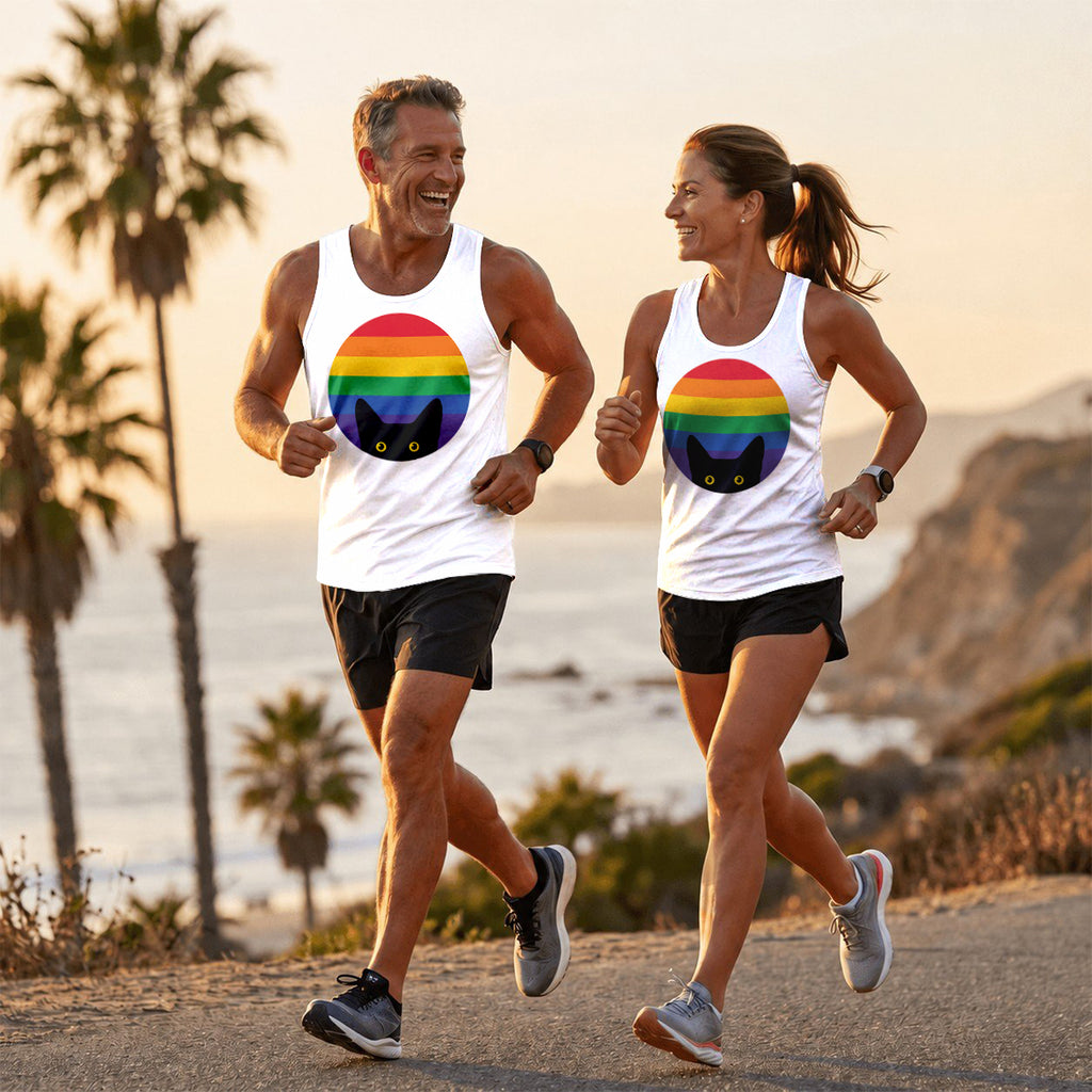 LGBT Pride Running Tank Top Peeking Cat in Rainbow Running Singlet for Men and Women