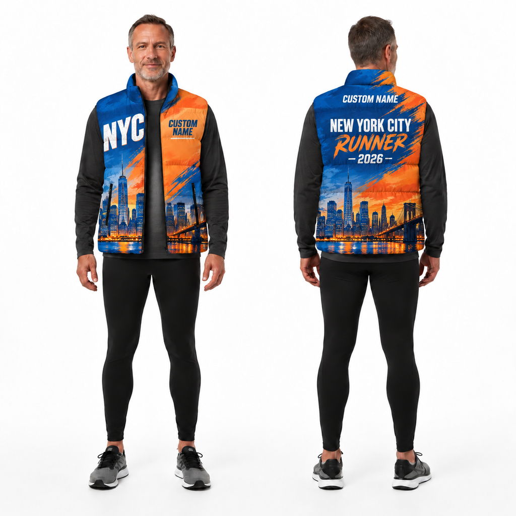 Custom Name Blue Orange Split Skyline Sleeveless Running Puffer Jacket