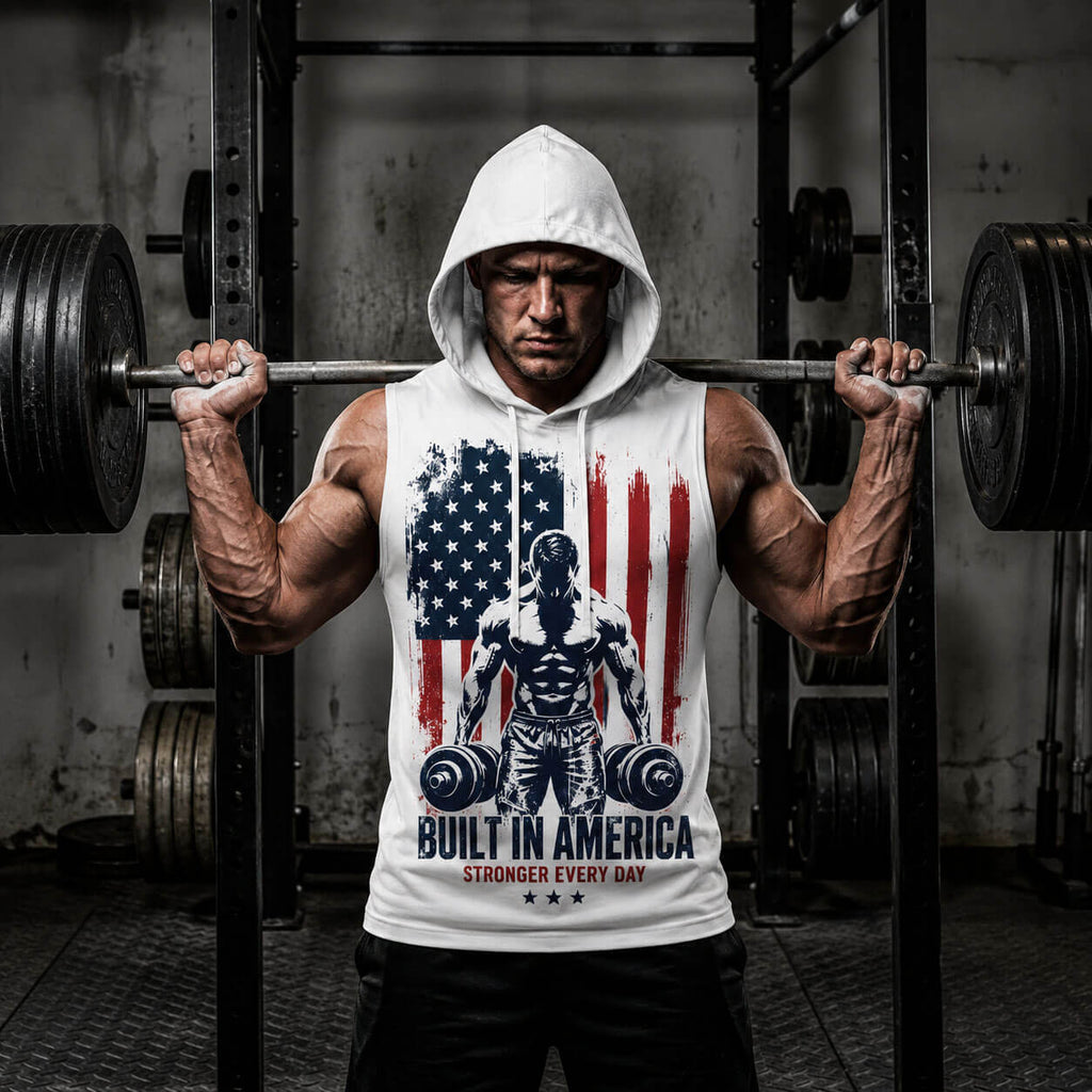 Built In America Men's Workout Hooded Tank Top