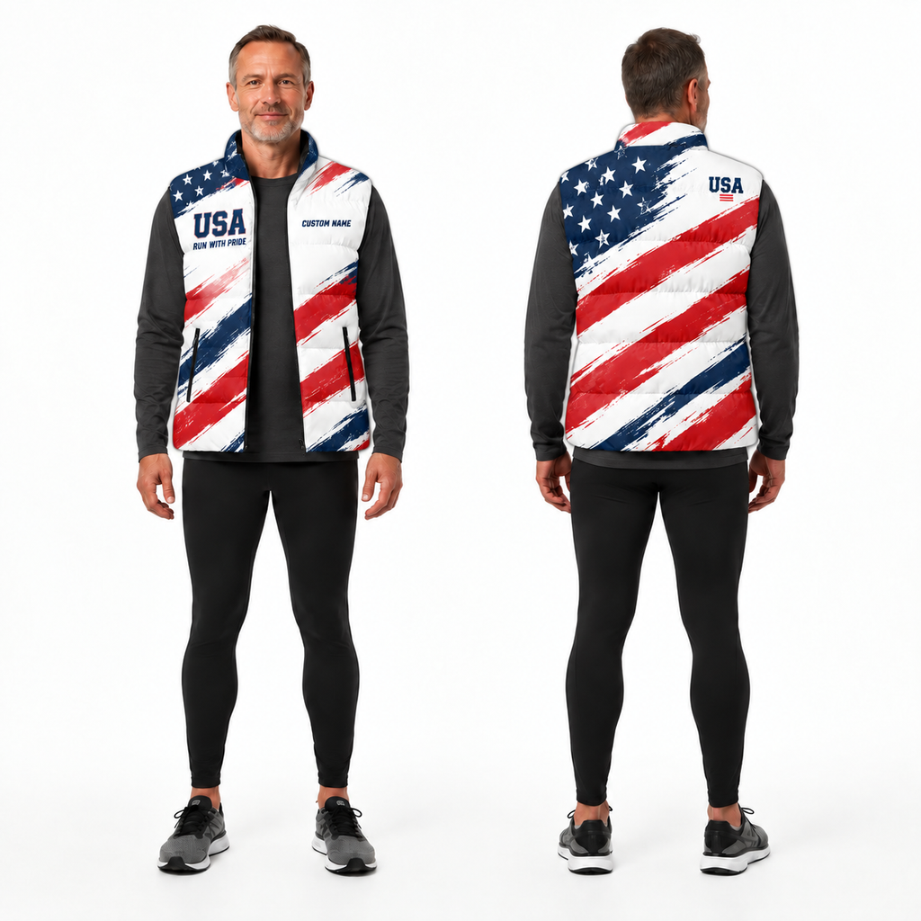 USA Freedom Brush Flag Sleeveless Running Puffer Jacket