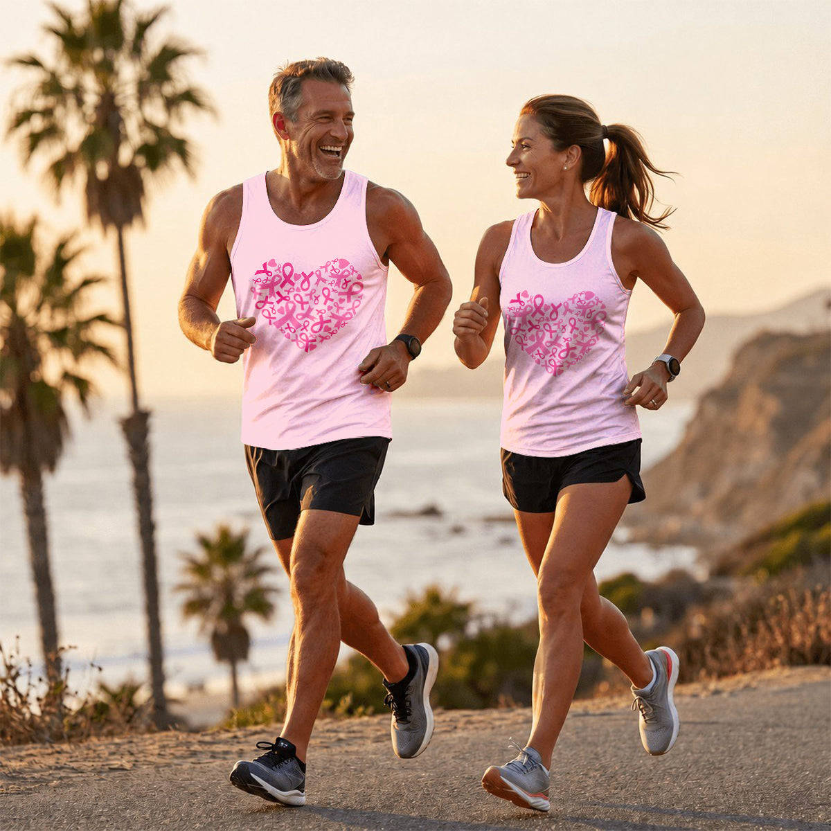 Cancer Fighter Running Tank Top Breast Cancer Pink Ribbon Heart Running Singlet for Men and Women