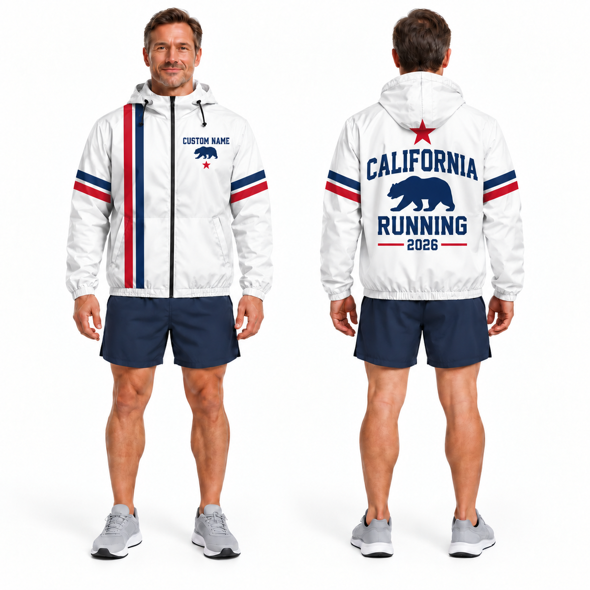 Custom Name California Bear & Star Minimal Running Windbreaker Jacket