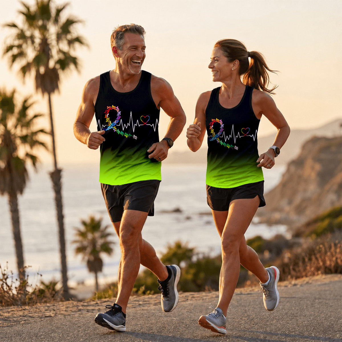 Cancer Fighter Running Tank Top Ribbon Heartbeat Running Singlet for Men and Women