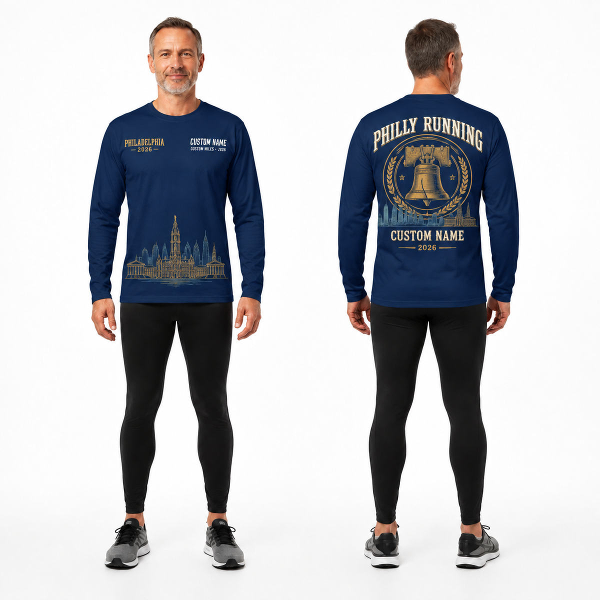 Custom Name Philadelphia Liberty Bell Gold Running Long Sleeve Shirt