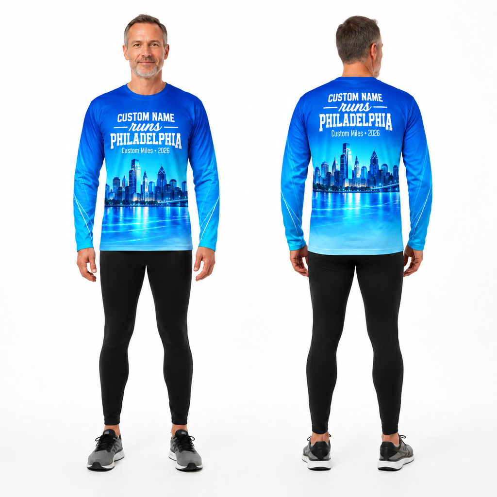 Custom Name Philadelphia Blue Skyline Energy Running Long Sleeve Shirt