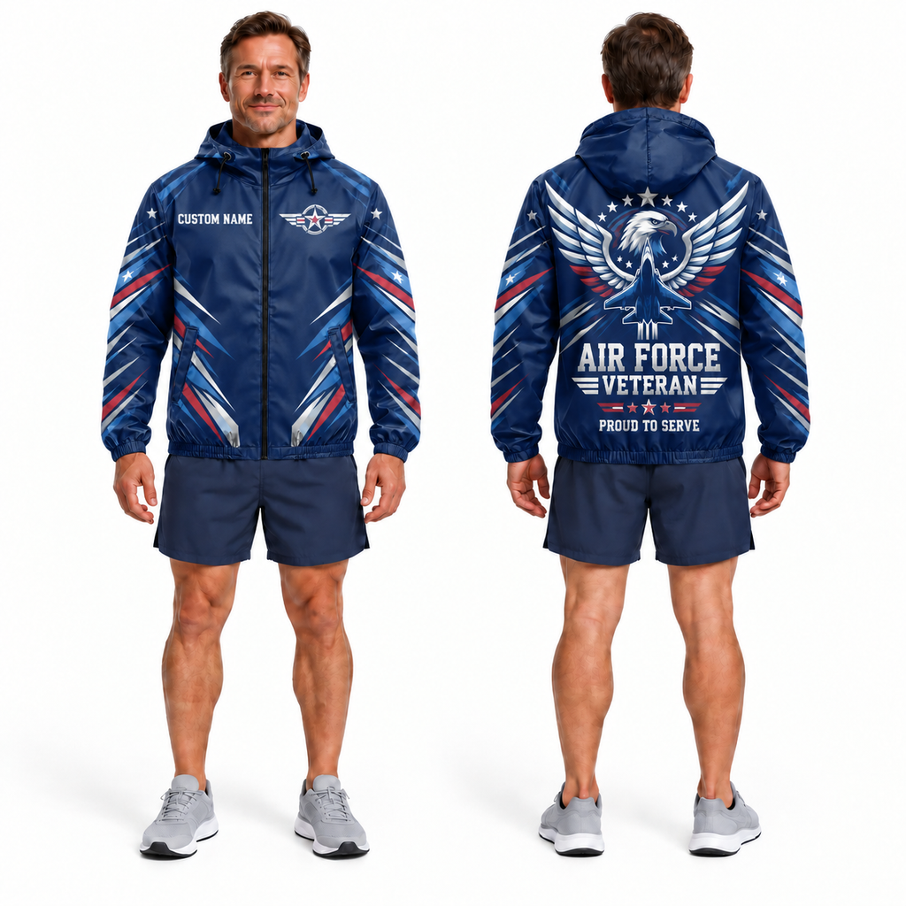Custom Name Air Force Wings Veteran Running Windbreaker Jacket
