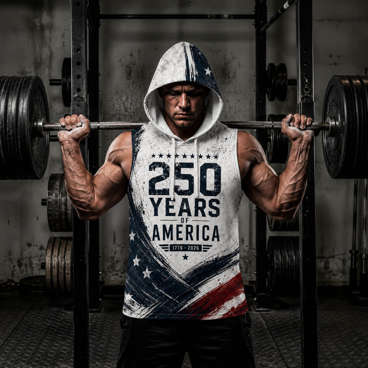USA 250 Strength Freedom Legacy Men's Workout Hooded Tank Top