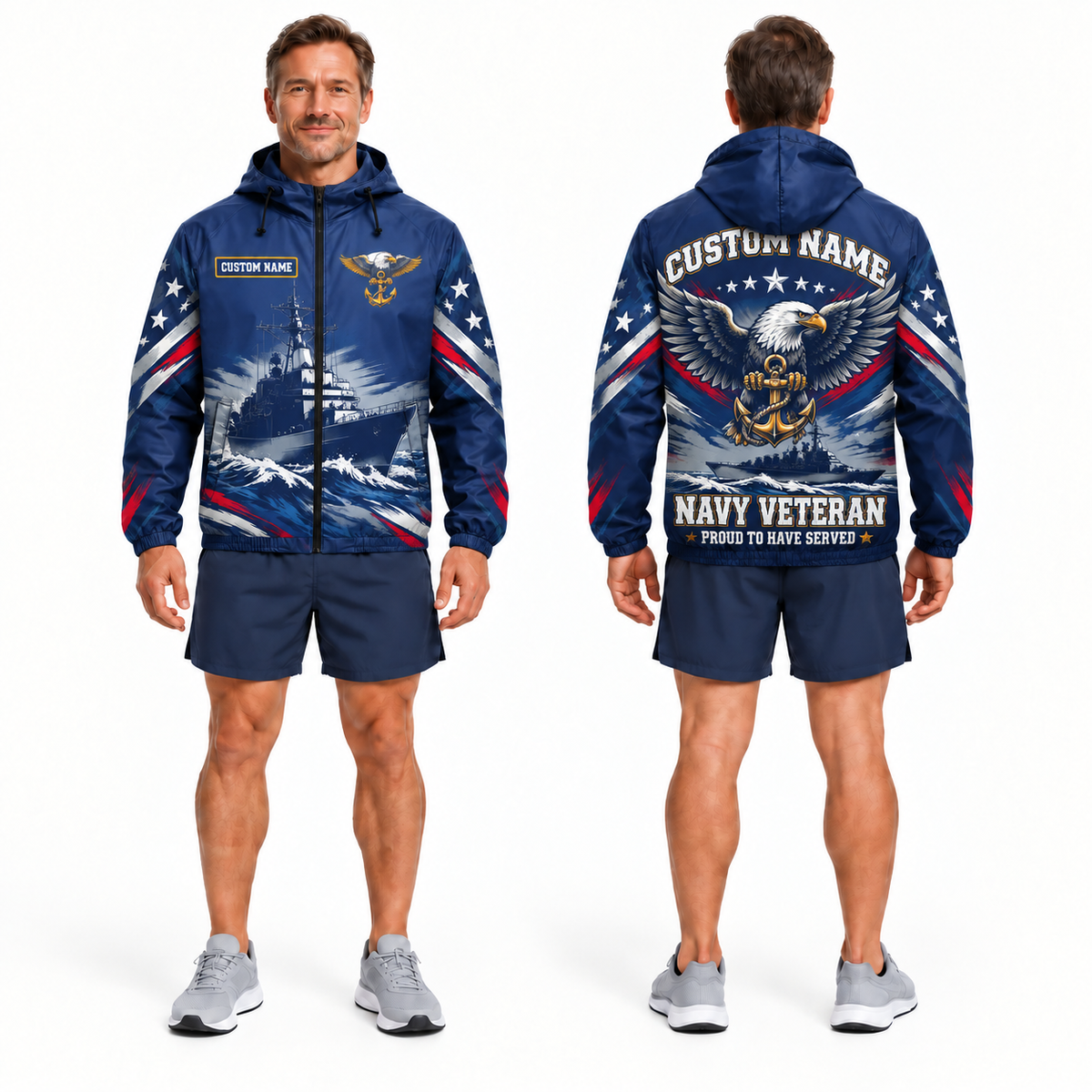 Custom Name Navy Sea Eagle Veteran Running Windbreaker Jacket