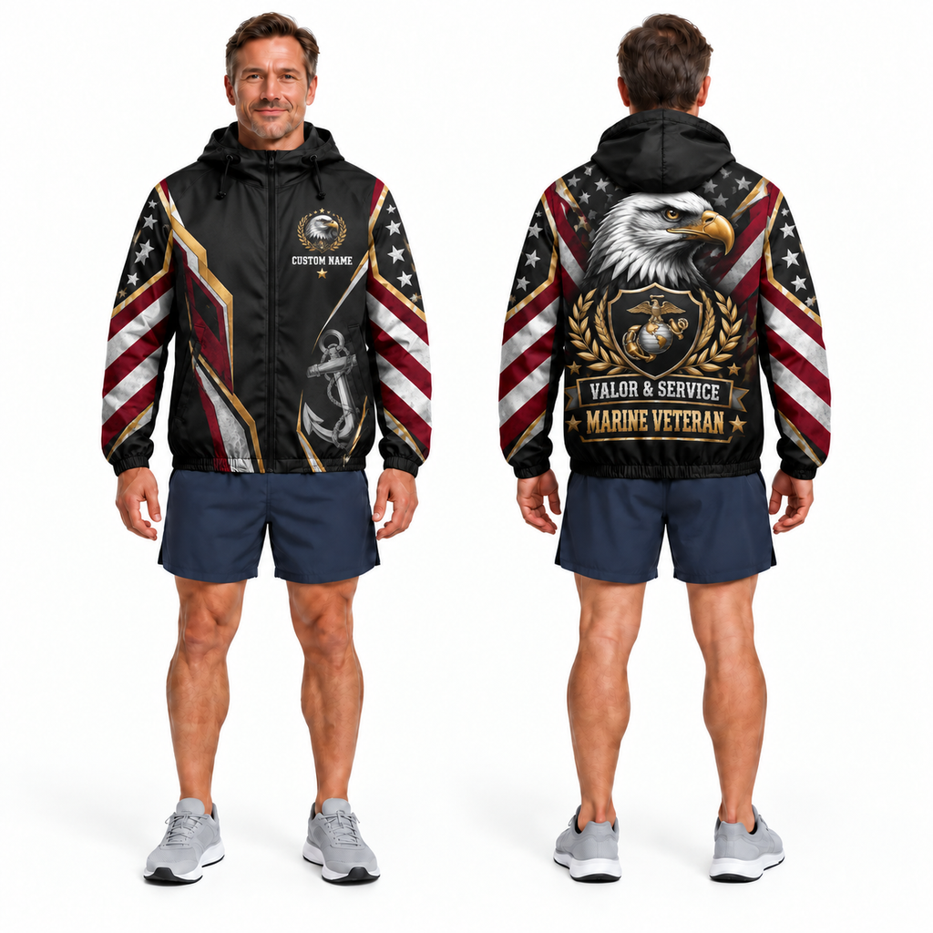 Custom Name Marine Veteran Eagle Valor Running Windbreaker Jacket