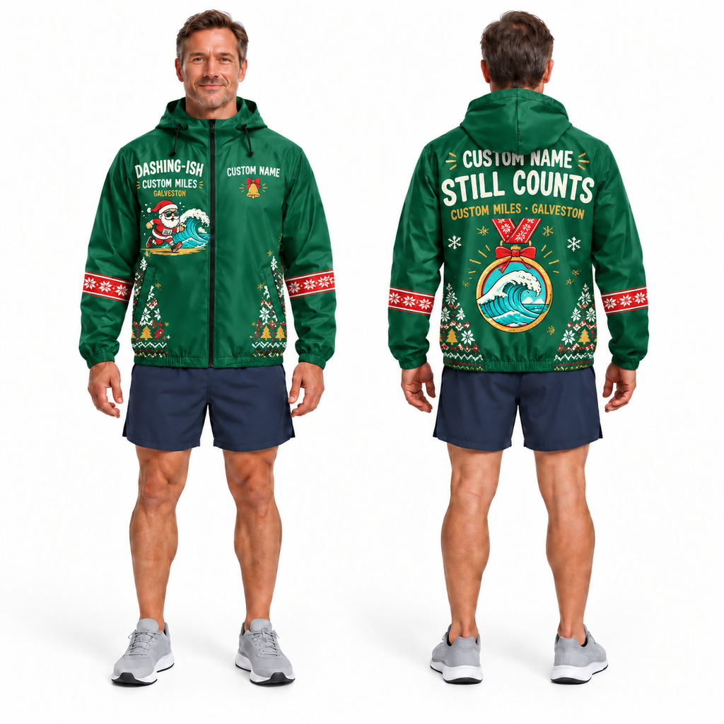Custom Name Dashing-ish by the Gulf Santa Hustle Galveston Running Windbreaker Jacket
