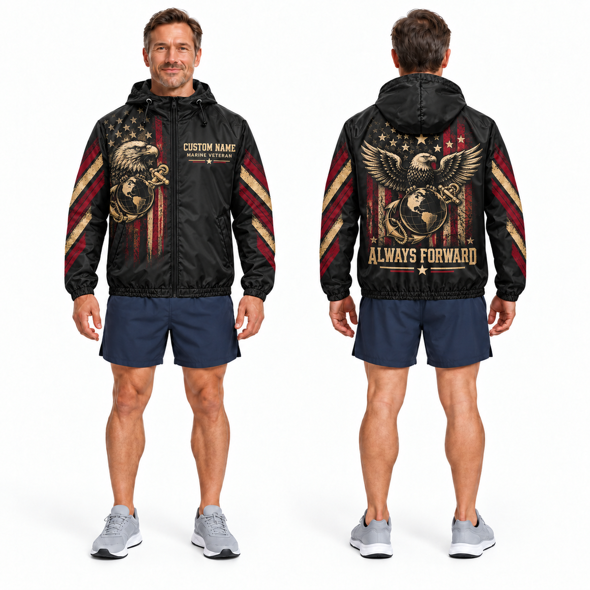 Custom Name Marine Veteran Always Forward Running Windbreaker Jacket