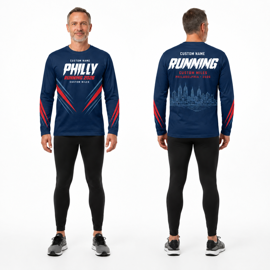 Custom Name Philly Racing Navy Red Running Long Sleeve Shirt