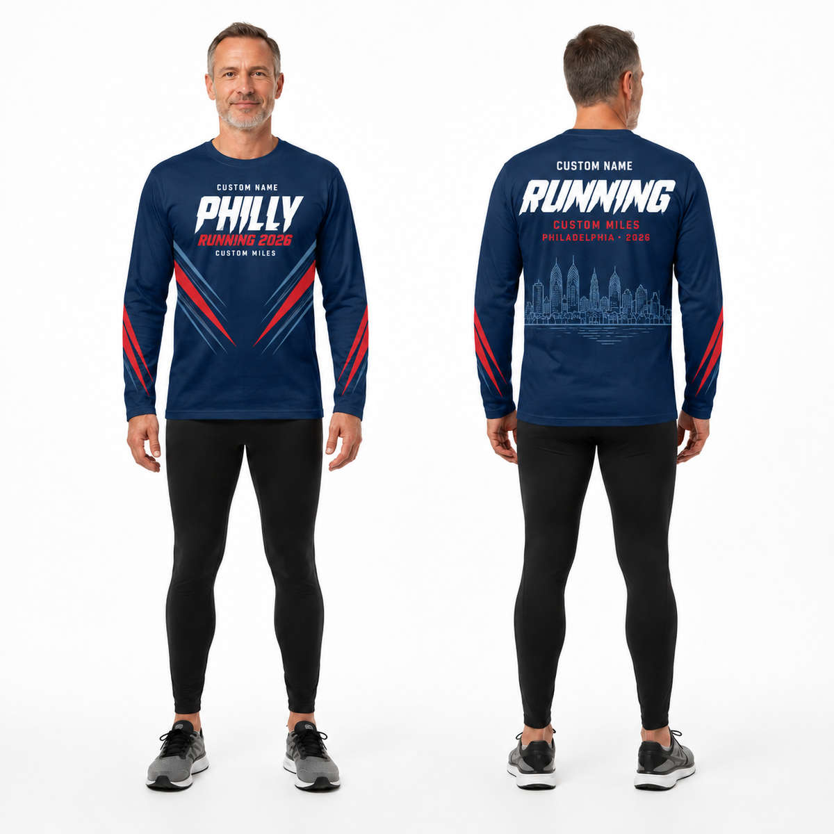 Custom Name Philly Racing Navy Red Running Long Sleeve Shirt