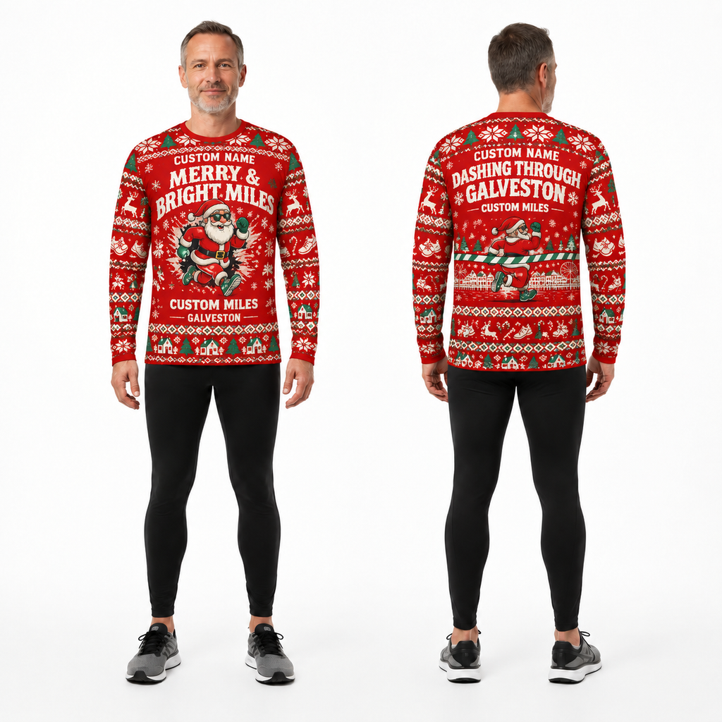 Custom Name Miles Merry & Bright Miles Santa Hustle Galveston Running Long Sleeve Shirt