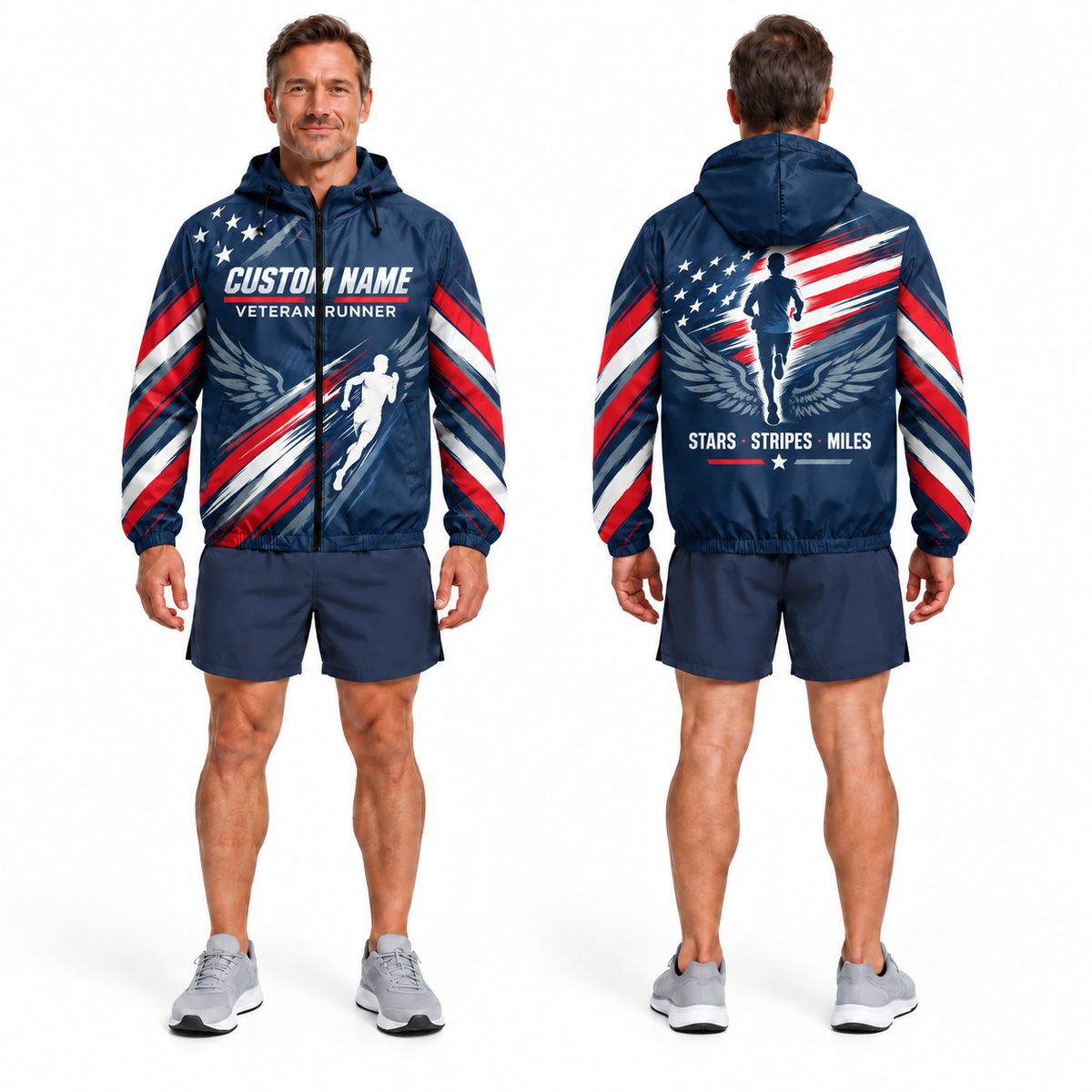 Custom Name Stars Stripes Veteran Runner Running Windbreaker Jacket