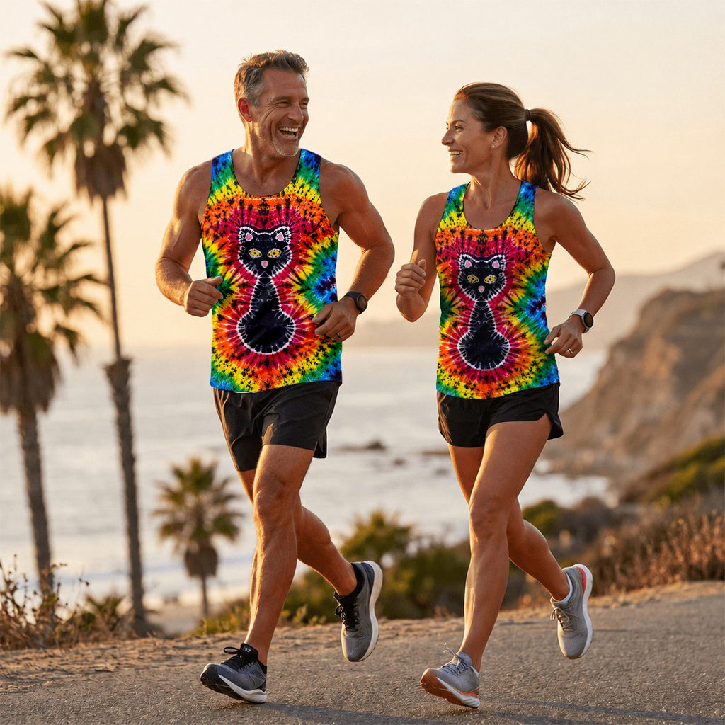 Cat Running Tank Top Tie Dye Black Cat Running Singlet for Men and Women