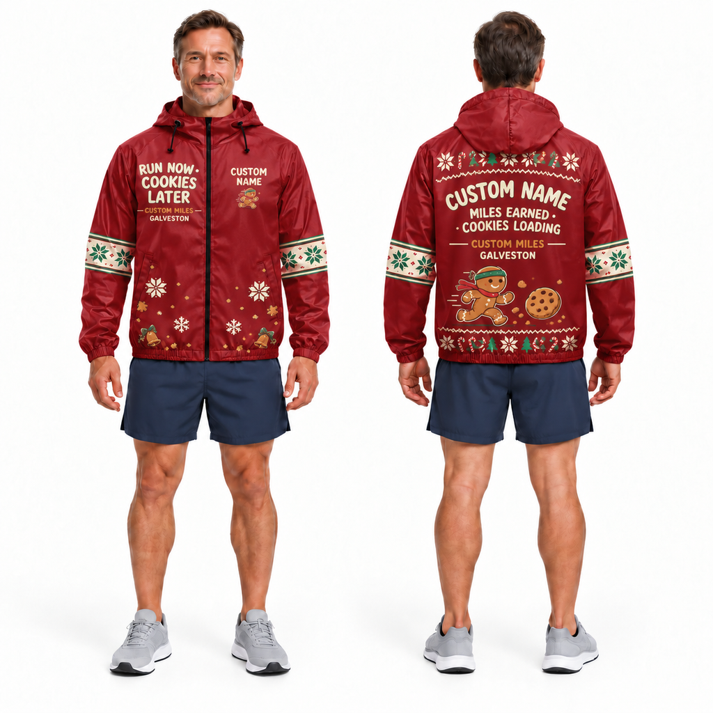 Custom Name Run Now Cookies Later Santa Hustle Galveston Running Windbreaker Jacket