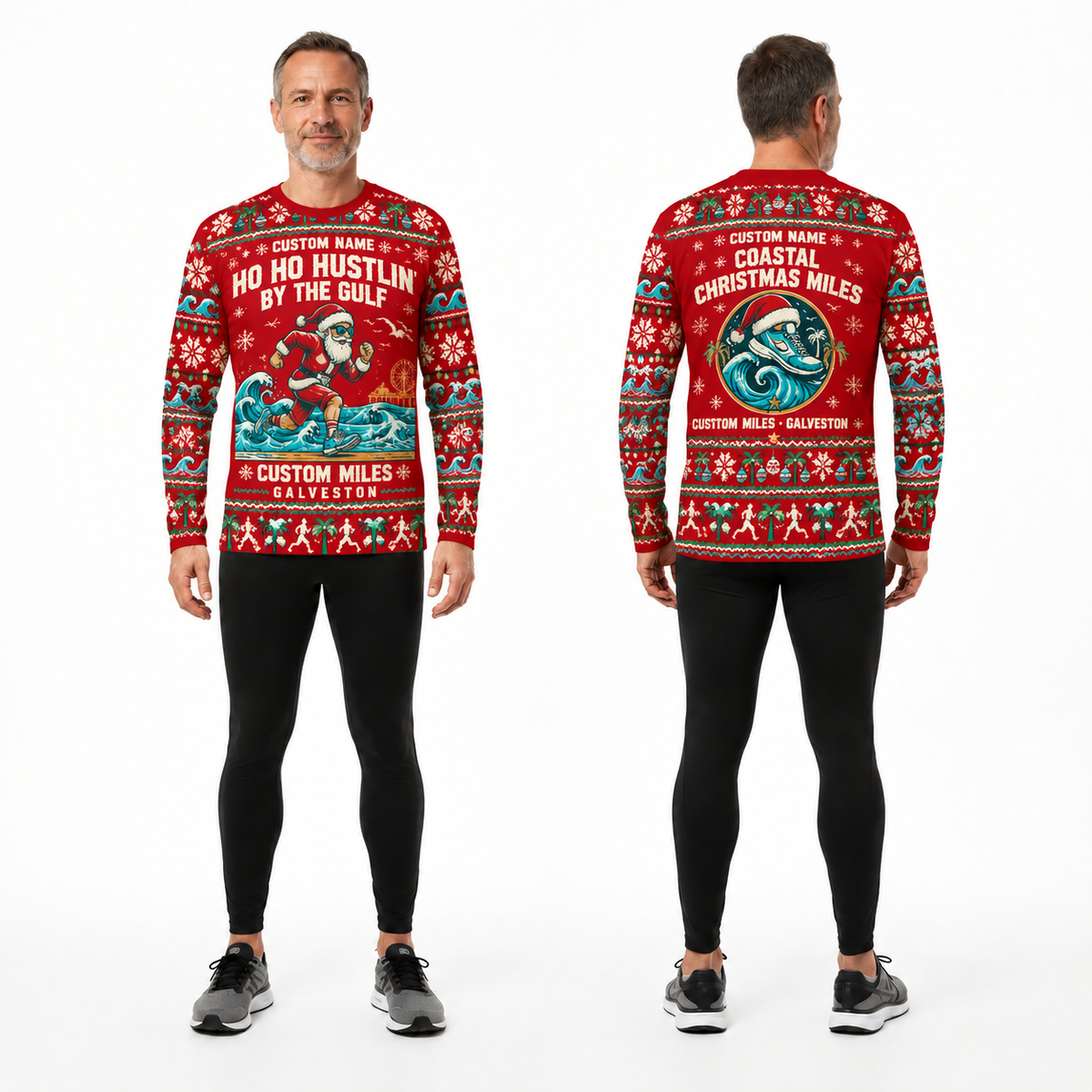 Custom Name Miles Ho Ho Hustlin’ by the Gulf Santa Hustle Galveston Running Long Sleeve Shirt