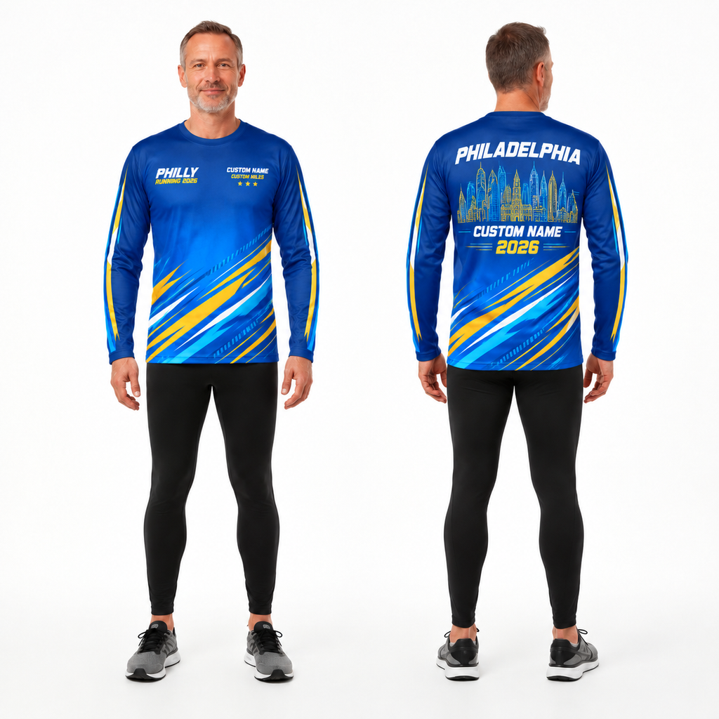 Custom Name Philly Electric Blue Gold Racing Running Long Sleeve Shirt