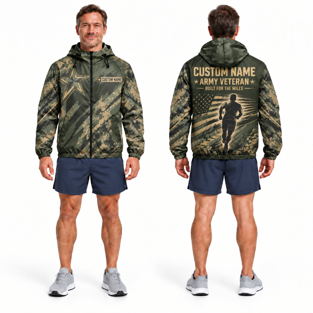 Custom Name Army Camo Miles Veteran Running Windbreaker Jacket