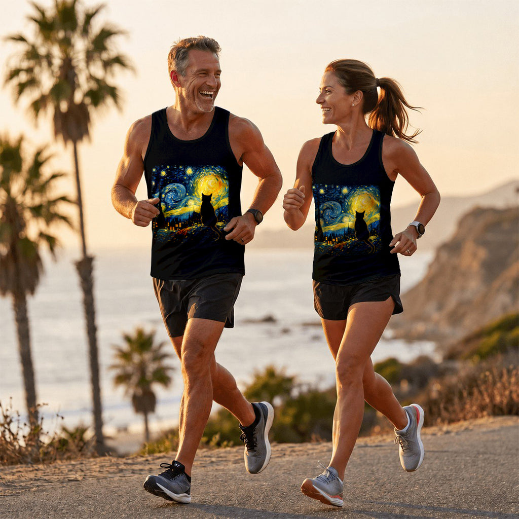 Cat Running Tank Top Starry Night Cat Running Singlet for Men and Women