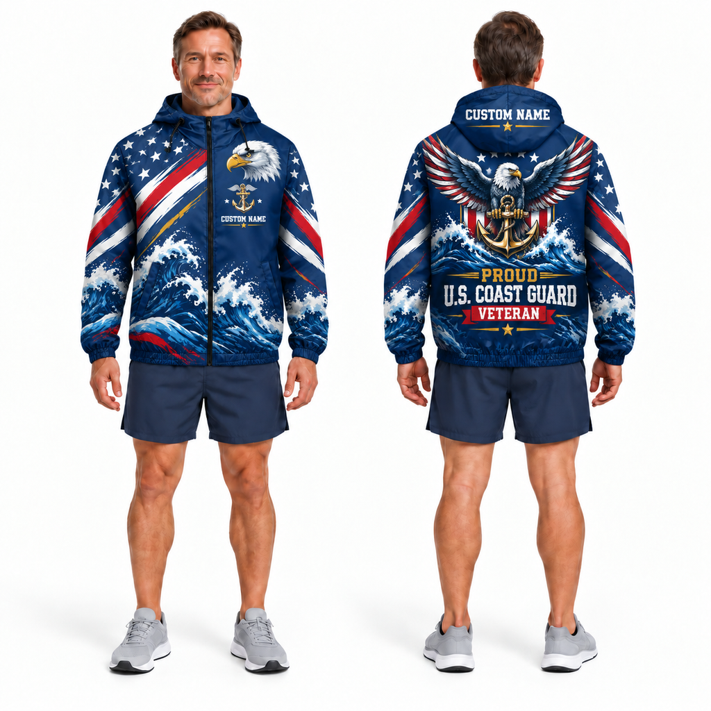 Custom Name Coast Guard Eagle Ocean Veteran Running Windbreaker Jacket