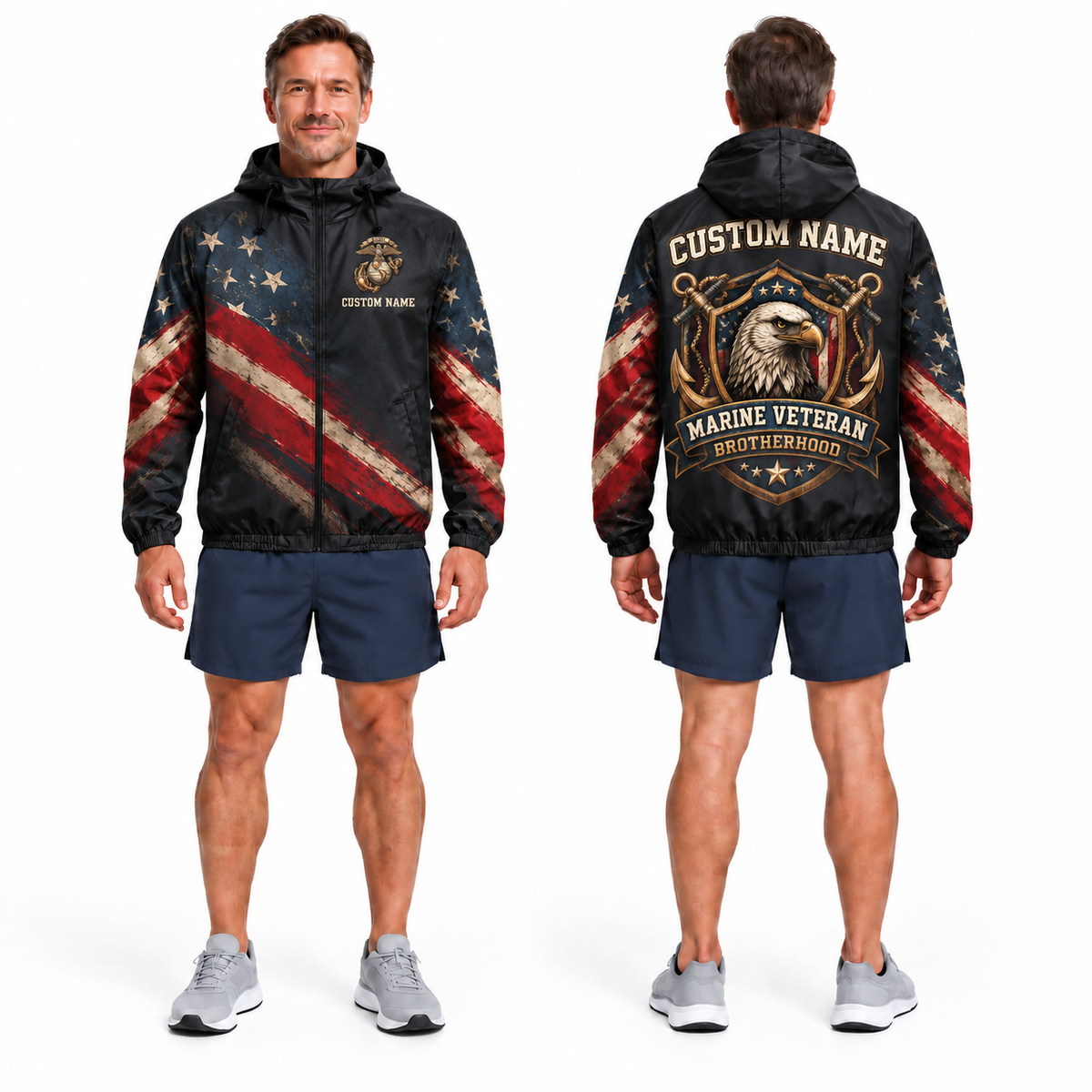 Custom Name Marine Corps Veteran Brotherhood Running Windbreaker Jacket