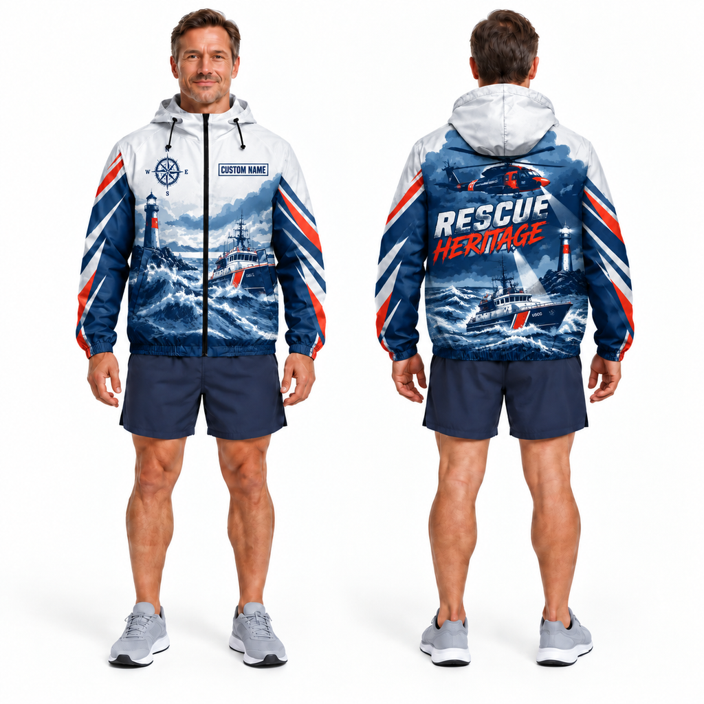 Custom Name Coast Guard Rescue Heritage Running Windbreaker Jacket