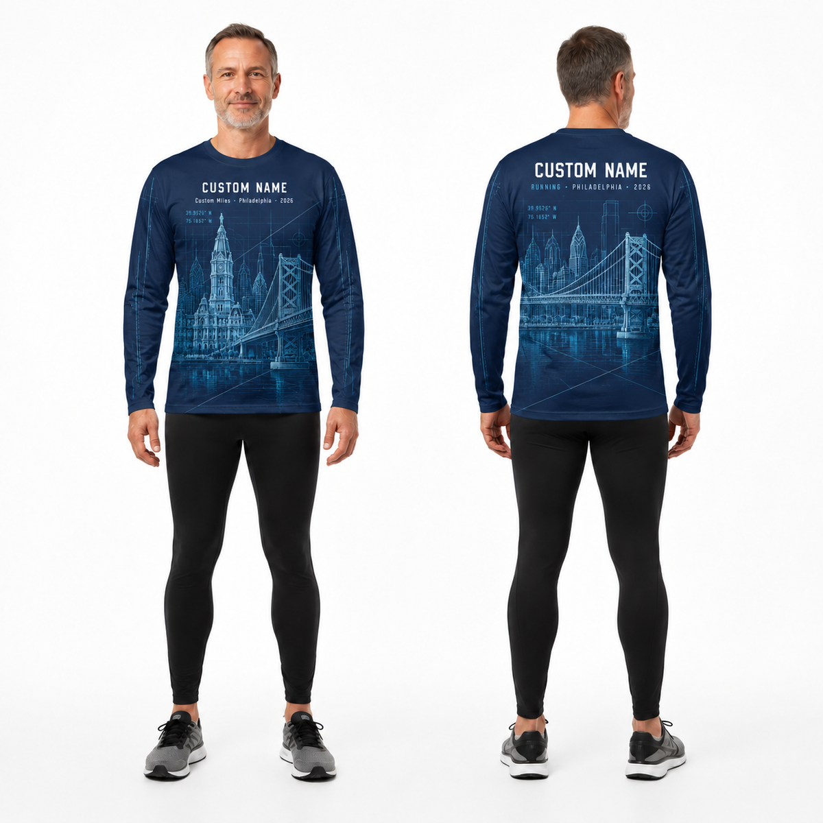 Custom Name Philadelphia Blueprint Bridge Running Long Sleeve Shirt