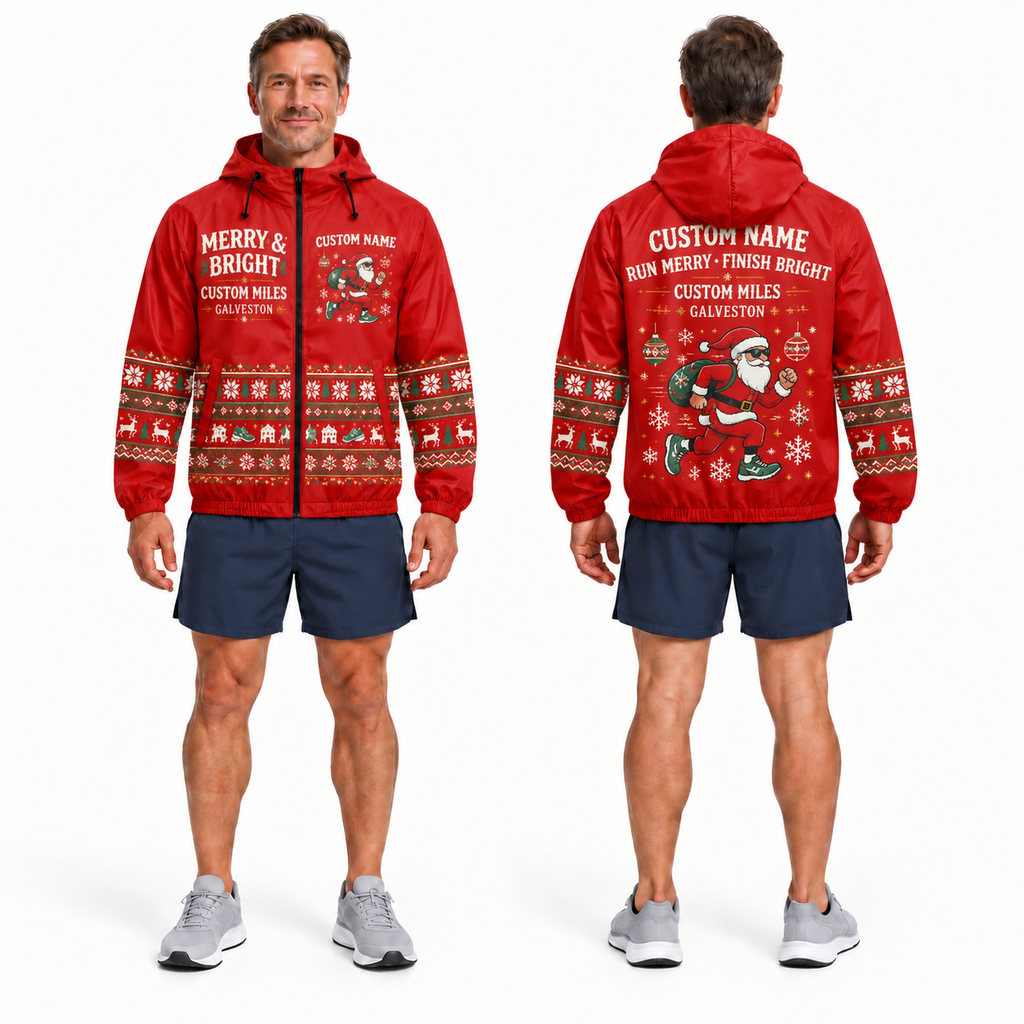 Custom Name Merry & Bright Santa Hustle Galveston Running Windbreaker Jacket