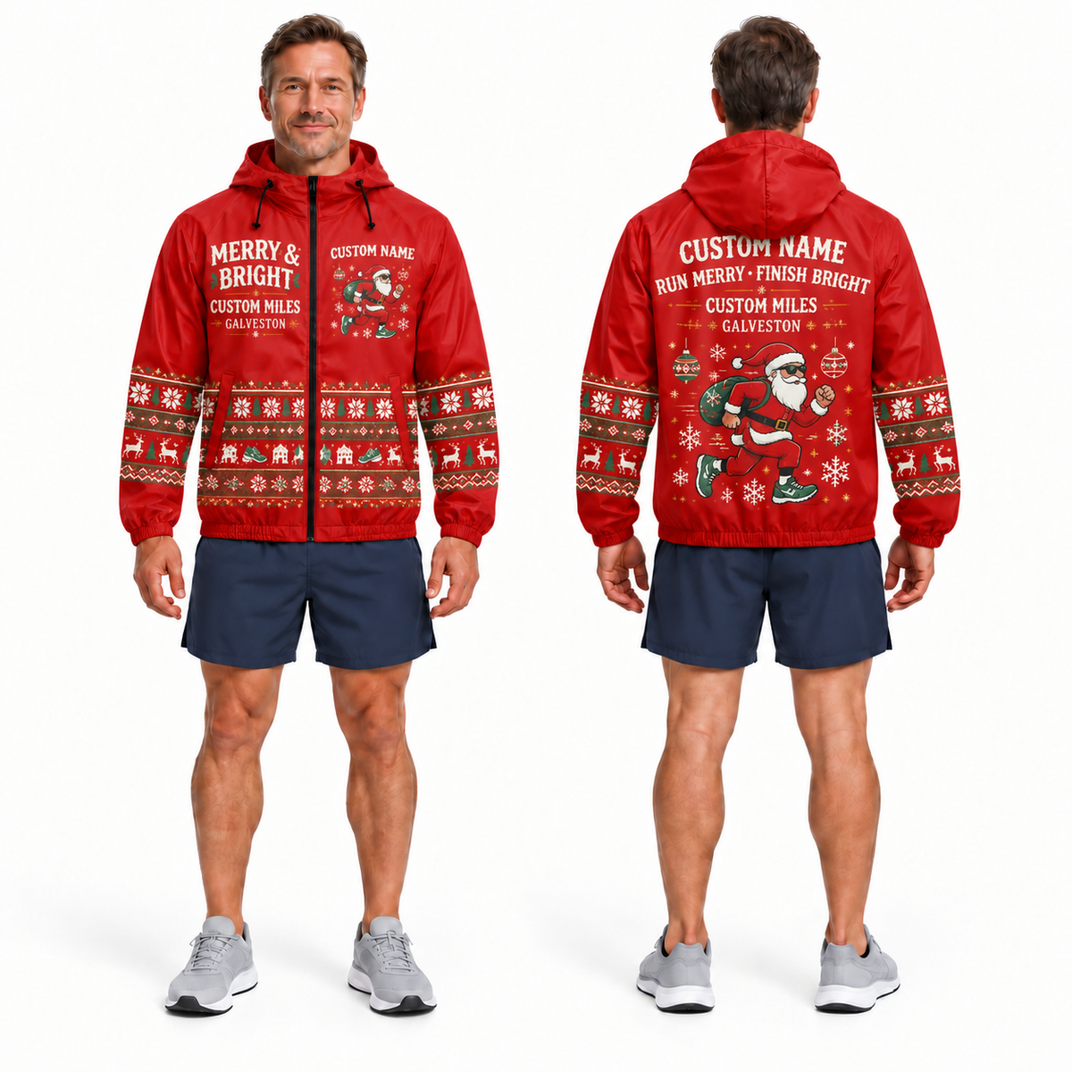 Custom Name Merry & Bright Santa Hustle Galveston Running Windbreaker Jacket
