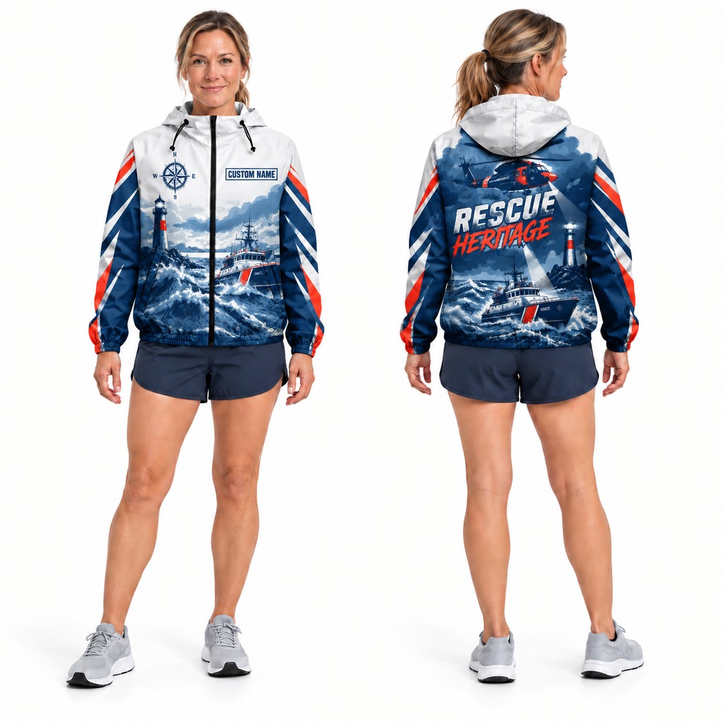 Custom Name Coast Guard Rescue Heritage Running Windbreaker Jacket