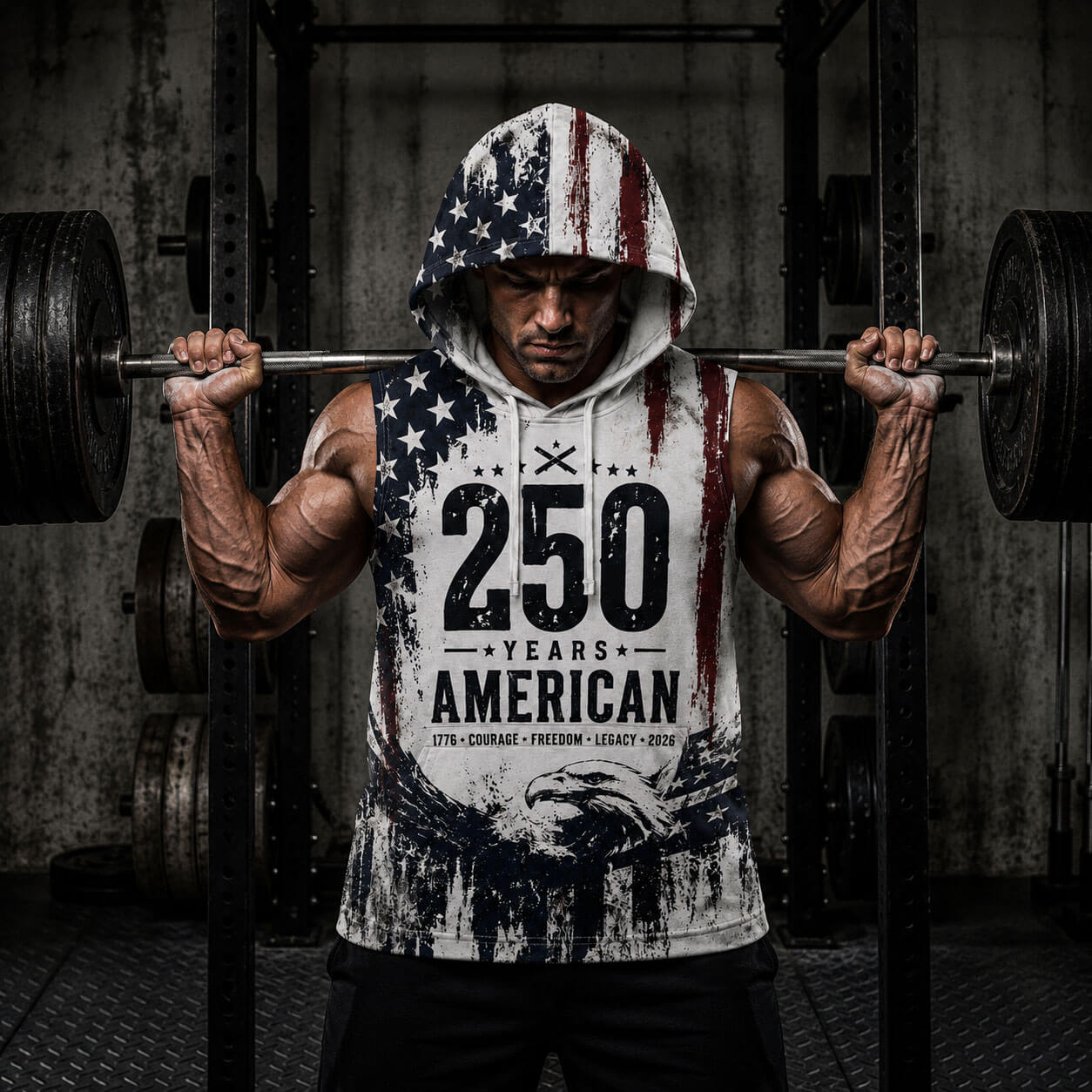 USA 250 Courage Freedom Legacy Men's Workout Hooded Tank Top