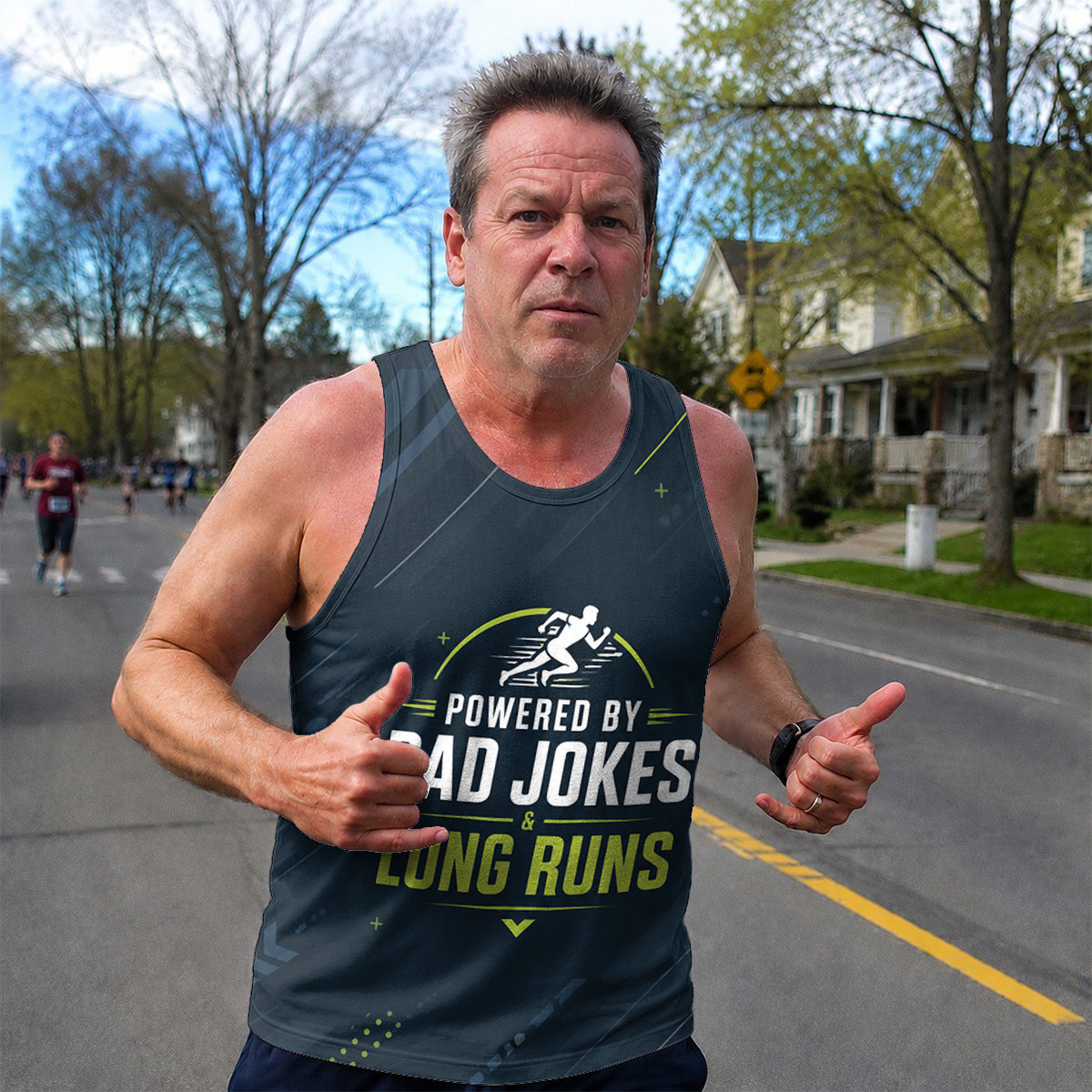 Funny Dad Running Tank Top My Powered by Dad Jokes & Long Runs Tech Singlet