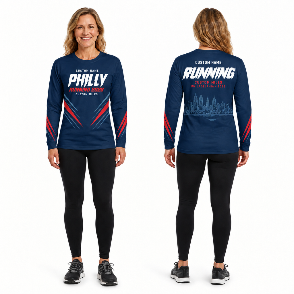 Custom Name Philly Racing Navy Red Running Long Sleeve Shirt