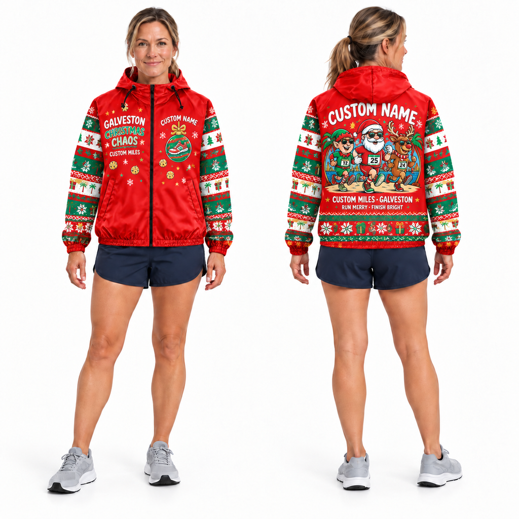 Custom Name Christmas Chaos Santa Hustle Galveston Running Windbreaker Jacket